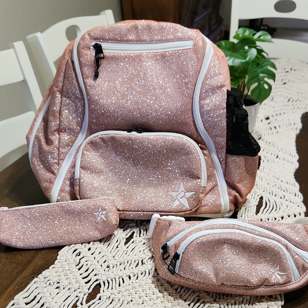 3 Piece Rebel Athletic Glittery Champagne Pink Full Size Dream Backpack Set